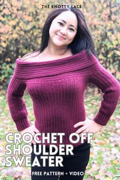 Cozy up with this crochet off-shoulder sweater! Perfect for beginners, this free pattern includes all sizes and even has a video tutorial to guide you. The relaxed, stylish herringbone stitch makes it a go-to for any season. Make this sweater or Save this pin for later!   #CrochetSweater #FreeCrochetPattern #OffShoulderSweater Shoulder Crochet Top, Crochet Top Free Pattern, Off Shoulder Crochet, Elegant Crochet, Crochet Tops Free Patterns, Crochet Bracelet, Diy Clothing, Off Shoulder Sweater