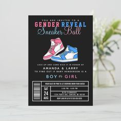 Sneaker Ball Gender Reveal Blue or Pink Sneaker Invitation  Zazzle Gender Reveal Ideas Sneakers, Nike Gender Reveal Ideas, Sneaker Invitation, Gender Reveal Invitation Ideas, Sneaker Ball, Pink Invitation, Gender Reveal Ideas, Blue Or Pink, Gender Reveal Invitations