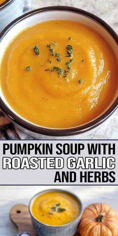 pumpkin soup with roasted garlic and herbs