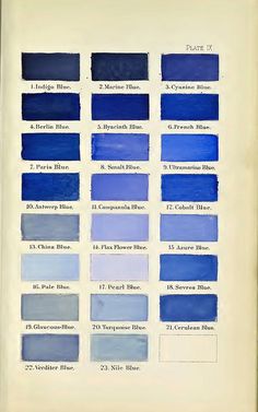 some blue and white paint samples are shown in this book, with the names on them