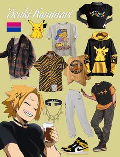 clothing style of the characters in my bnha dr + hc of sexuality. Denki Kaminari Denki Kaminari Outfit Ideas, Denki Kaminari Outfit, Denki Kaminari Cosplay, Otaku Outfit, Mha Clothes, Anime Fits