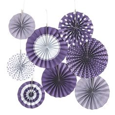 purple and white paper fans hanging from strings