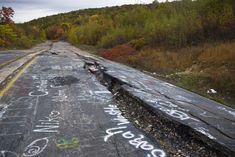 an old road with graffiti written on it and trees in the background, along with fallen leaves