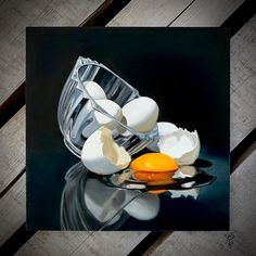 an oil painting of eggs in a glass bowl