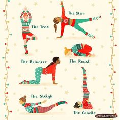 an illustrated christmas card with different people doing yoga