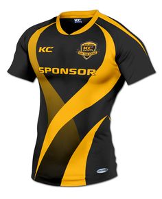 a black and yellow rugby jersey with the words sponsor on it