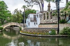 a bridge over a river next to a building with flowers growing on the side and palm trees