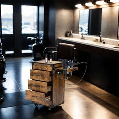 a hair salon with wooden drawers and lights