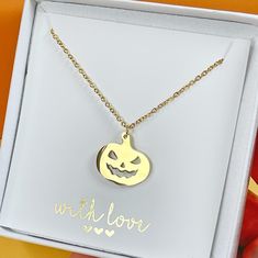 Elevate your Autumn jewellery and add some halloween spirit with our pumpkin pendant necklace. Whether you are updating your autumn accessories or adding a little "halloween" to your outfit, then our stainless steel pumpkin necklace will be a talking point. Available in Silver and gold plated stainless steel. Waterproof and easy to take care of. Necklace length is adjustable from 16" to 18". Comes complete with a free gift box. Spooky Halloween Party Jewelry, Halloween Novelty Necklaces As Gift, Halloween Nickel Free Pendant Necklace, Nickel-free Halloween Party Necklace, Halloween Nickel-free Pendant Necklace, Novelty Halloween Party Necklaces, Nickel-free Pendant Necklace For Halloween, Handmade Jewelry For Halloween Gift, Handmade Jewelry Gift For Halloween