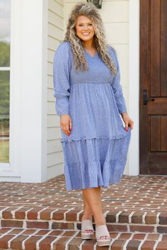 Enjoy your morning wearing this mesmerizing dress! This midi dress has a pretty blue color with a polka dot pattern that is a season favorite! The adorable sleeves and flowy fit are perfect for any occasion! Style this dress with some cute accessories and wedges for an unforgettable look! 95% Polyester, 5% Spandex