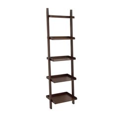 a tall wooden shelf with three shelves on each side and two smaller shelves in the middle