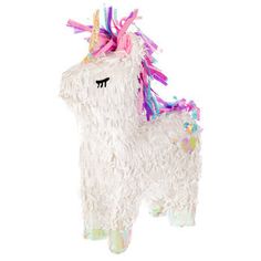 a white unicorn pinata with pink and purple hair