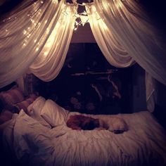 a bed with white drapes and lights hanging from it's ceiling above it