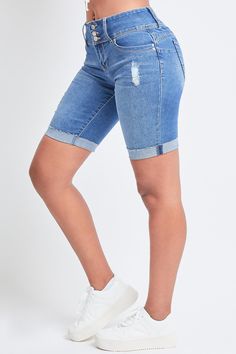 This just in: bermudas are back in style and sexier than ever! Our Women's WannaBettaButt Bermuda short is super stretchy and features our famous WBB heart shaped stitching, enhancing your natural curves. Wear these shorts casual with a crop top or tank and some sneakers, or dress them up with a bodysuit and heeled sandals! Product Details - Mid-Rise - Exposed 3-Button Closure with Zipper - 5 Pocket Construction - Light Front Distressing Size & Fit (based on size 5) - Inseam: 11 - Rise: 9 - Leg Denim Bottoms With Built-in Shorts Mid-thigh Length, Trendy Fitted Bermuda Shorts, Stretch Knee-length Jean Shorts, Fitted Denim Shorts Mid-thigh Length, Fitted Denim Mid-thigh Length Bottoms, Trendy Bermuda Jean Shorts With Built-in Shorts, Trendy Bermuda Bottoms With Built-in Shorts, Stretch Mid-rise Bottoms With Rolled Hem, Trendy Mid-thigh Denim Shorts