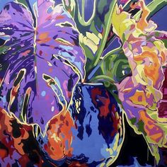 a painting of purple and yellow flowers in a blue vase