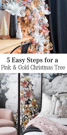 Pink and Gold Christmas Tree Gold And Pink Christmas Tree, Pink And Gold Christmas Tree, Pink And Gold Christmas, Gold Christmas Tree Decorations, Paint Stencils, Gold Christmas Tree, Pink Christmas Tree, Gold And Pink, Gold Ornaments