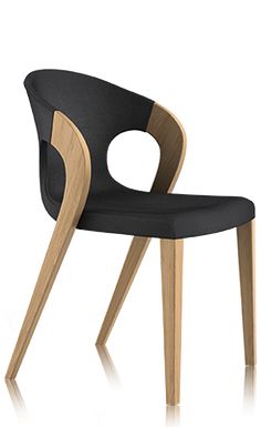 a black chair with wooden legs and an oval backrest, viewed from the front