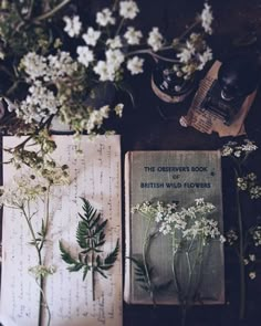 an open book sitting on top of a table next to flowers and other things in front of it