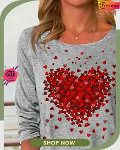 Casual Heart/cordate Crew Neck Buttoned Loose T-shirt Spring Heart Print Crew Neck Tops, Red Tops With Heart Graphic For Fall, Spring Heart Patch Crew Neck Top, Casual Tops With Valentine's Day Graphic Print, Spring Crew Neck Top With Heart Patch, Trendy Crew Neck Top For Valentine's Day, Casual Heart Print T-shirt For Valentine's Day, Casual Tops With Graphic Print For Valentine's Day, Casual Valentine's Day Graphic Print Tops