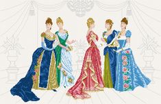 It is Victoria's reign and these young ladies are dressed up for their first ball. Their sumptuous dresses are draped around them and decorated with floral ornament. They have long gloves and a fan. We may not go to this rigmarole to find a husband these days but we can enjoy the fashions of the time, which must have been so very heavy to wear - not to mention the corsetry needed t keep those waists so very slim! Elegant Ball Gown For Theater, Elegant Historical Dresses For Theater, Elegant Historical Theater Dresses, Elegant Victorian Ball Gown For Theater, Elegant Victorian Ball Gown Dress For Theater, Elegant Victorian Dress For Theater, Age Aesthetic, Victoria Reign, Find A Husband