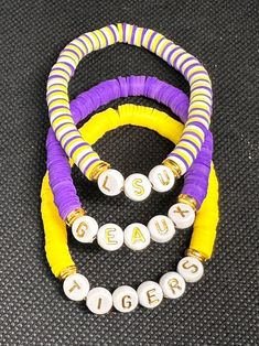 LSU Gameday Bracelets - Etsy Personalized Adjustable Stretch Bracelet For Game Day, Customizable Team Spirit Jewelry For Game Day, Personalized School Spirit Jewelry For Game Day, School Spirit Personalized Jewelry For Game Day, Adjustable Gold Beaded Bracelets For Game Day, Gameday Bracelets, Lsu Game Day Outfit, Lsu Game Day, Lsu Gameday