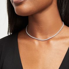 Lead the pack in style wearing this captivating lab-created diamond tennis choker necklace in white gold. Crafted in cool 10K white gold Round lab-created diamonds line this design in sparkle. Radiant with 4 cts. t.w. of lab-created diamonds This 15.0-inch choker necklace secures with a box clasp. Tennis Choker Necklace, Chocker Necklace, Diamond Choker, Box Clasp, Tennis Necklace, The Pack, Diamond Eternity, Lab Created Diamonds, A Box