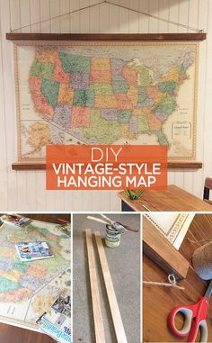 a collage of different pictures with the words diy vintage - style hanging map