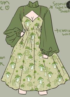 a drawing of a woman in a green dress with mushrooms on it and words describing how to