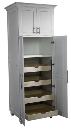 an open cabinet with drawers and shelves in it