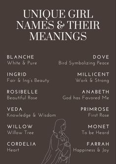 the poster for unique girl names and their meaningss