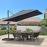 an outdoor dining table with umbrella and chairs