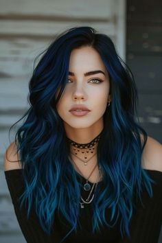 Hair Colour Ideas Blue Eyes, Blue Hair Inspo Color, Vibrant Hair Color Ideas Brunettes, 2 Tone Hair Color Ideas, Hair Color Sunset, Hair Color Ideas For Blue Eyes, Black Blue Hair Color, Unnatural Hair Color Ideas, Cool Blue Hair