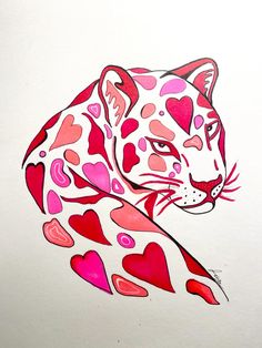 a drawing of a leopard with hearts on it's tail and eyes painted in pink, red and white