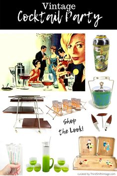 vintage cocktail party items including glasses, mixers and an advertisement for the drink shop