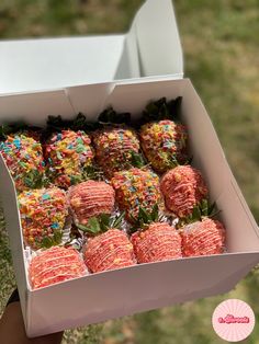 A women is holding a box that holds twelve strawberries. The first six strawberries are covered with white chocolate and fruity pebbles, and the remaining six are covered in white chocolate and strawberry shortcake mix. There is grass in the background and the photo is taken outside. There is a business logo in the bottom right of the screen. Chocolate Dipped Treats, Cake Decorating Piping, Iced Sugar Cookies, Cute Baking