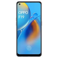 the oppo f19 smartphone is shown on a white background with an orange and blue design