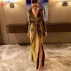 Long Sleeves Deep V Evening Dresses Gold Velvet High Side Split Elegant Formal Evening Gown DQG1099 Gold Evening Dresses, Velvet Prom Dress, Prom Dress Stores, Velvet Maxi, Stretch Satin, Formal Dresses Prom, Long Prom Dress, Gold Dress, Custom Dresses