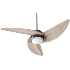 a ceiling fan with a wooden blade and light on the blades, in front of a white background