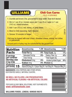 the label for williams's chili condiments is shown in yellow and red