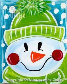 a painting of a snowman wearing a green hat and scarf