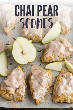 an apple and cinnamon scones are on a baking sheet with the words, chai pear scones