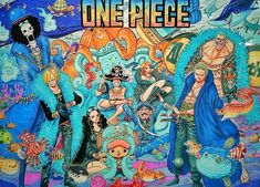 an image of one piece painted on the side of a wall with other characters in it