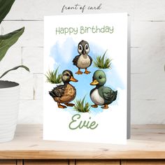 a birthday card with three ducks on the front and one duck in the back that says, happy birthday eve