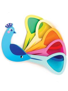 colorful paper cut out of different shapes and sizes, with a bird on it's tail