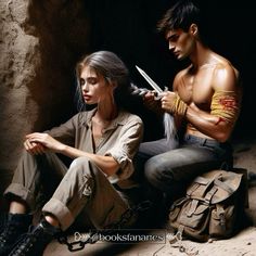 a man and woman sitting on the ground with scissors in their hands next to each other