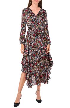 A curved hemline accentuates the flowy silhouette of this graceful floral-print dress. 51" length Hidden back-zip closure V-neck Long sleeves with elastic cuffs Partially lined 100% polyester Dry clean Imported Fall Floral Print Dress With Asymmetrical Hem, Elegant Fall Dress With Handkerchief Hem, Elegant Handkerchief Hem Fall Dress, Casual Floral Print Midi Dress With High-low Hem, Chic Floral Print Dress With High-low Hem, Chic Floral Print Dresses With High-low Hem, Flowy Floral Print Midi Dress With Asymmetrical Hem, Chic Floral Print High-low Dress, Flowy Midi Dress With Floral Print And Asymmetrical Hem