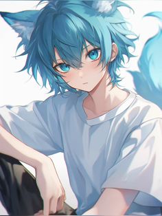 an anime character with blue hair wearing a white shirt