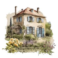 a watercolor painting of a house with blue shutters and flowers in the foreground