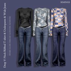 three women's jeans with different patterns and sizes are shown in front of a blue background