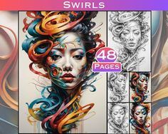 an image of a woman's face with swirls on her hair and the words, 48 pages